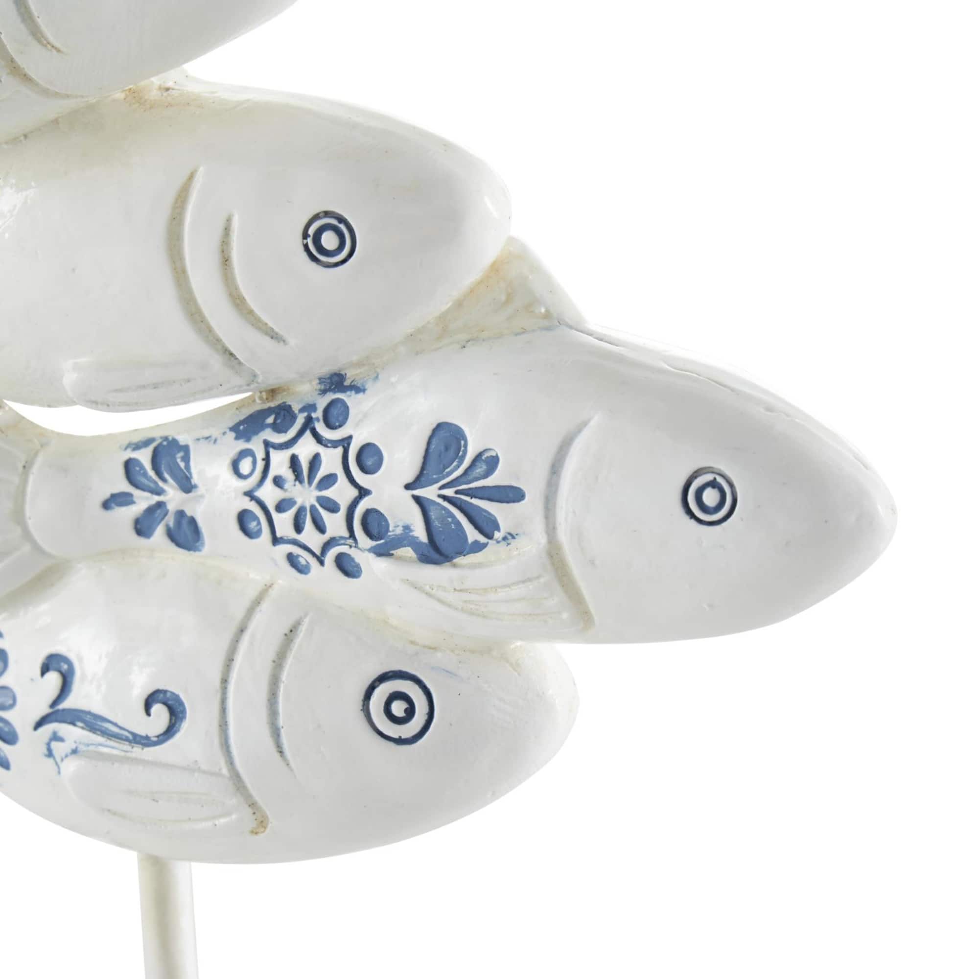 14.75" White & Blue Floral Polystone Fish Sculpture